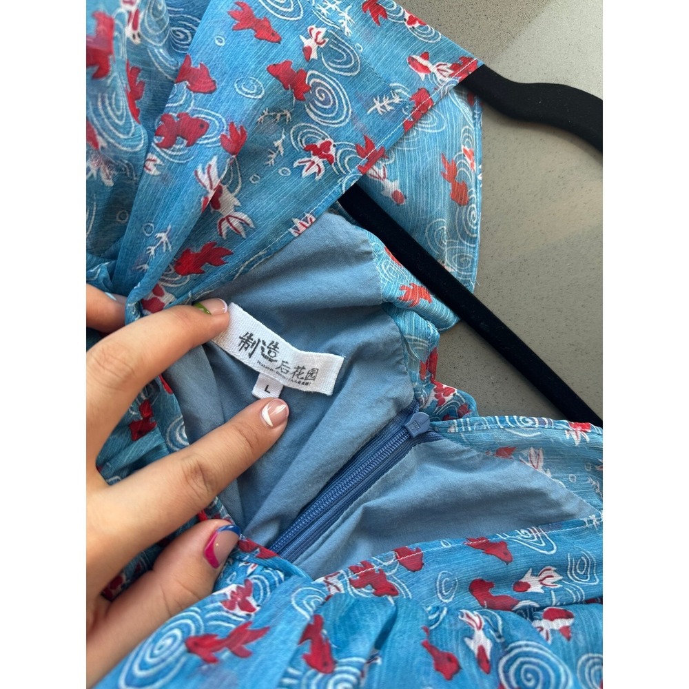 Ruffle Mini Dress Koi Fish Print V Neck Short Sleeve Blue Size L - Picture 3 of 4